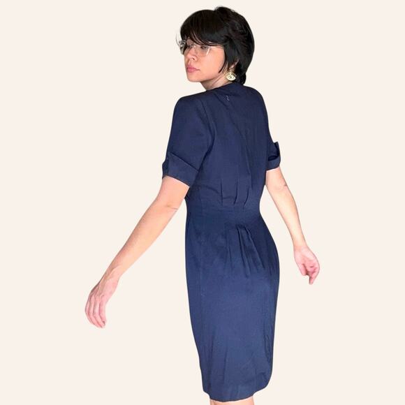Vintage Navy Wiggle Dress Red Buttons Short Sleeve Size Medium/Large - Picture 9 of 9